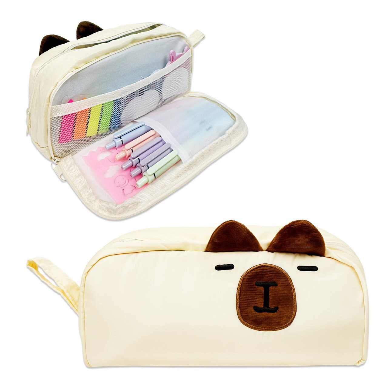 Wrapables 3D Animal Face Pencil Case, Large Capacity 2 Compartment Pencil Pouch for Stationery Tools, Capybara